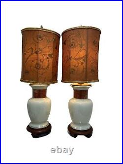 Set Of 2 Vintage Lamp Oriental Japan Blue Pink Gold Bird 28 Vase Light