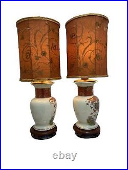 Set Of 2 Vintage Lamp Oriental Japan Blue Pink Gold Bird 28 Vase Light