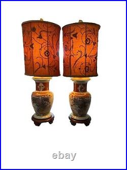 Set Of 2 Vintage Lamp Oriental Japan Blue Pink Gold Bird 28 Vase Light