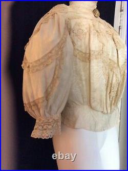 TRUE Antique Victorian Ecru Silk Blouse HANDMADE Lace Appliqué
