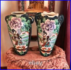 TWO 15 Old Vintage Antique Japanese Satsuma Double Handled Urn Vases Japan