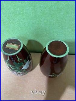 Two Vintage Japanese Cloisonne Vases Sato Era Red Pigeon Blood Cloisonne Vases