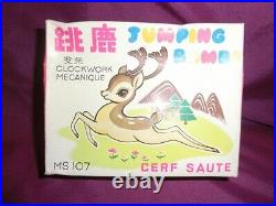 Used Jumping Bambi with Box Spring Tinplate Plastic Deer Vintage Antique Japan