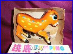 Used Jumping Bambi with Box Spring Tinplate Plastic Deer Vintage Antique Japan