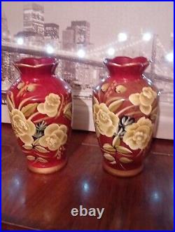 VINTAGE ANTIQUE. 2 Oriental Seems Hand Painted Flowers VasesVGC PerfectNO DAMAGE