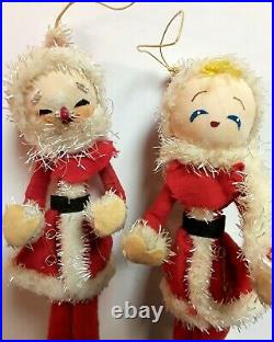 VINTAGE MR & MRS SANTA CLAUS Red Black White Dolls Christmas Ornaments, Tall