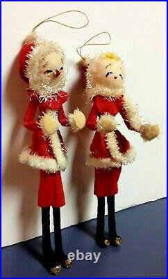 VINTAGE MR & MRS SANTA CLAUS Red Black White Dolls Christmas Ornaments, Tall