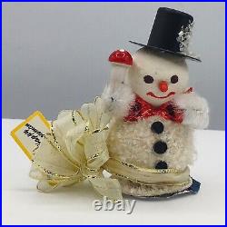 VTG German Flocked Snowman Christmas Ornament Table Cake Top Hat Mushroom Foil
