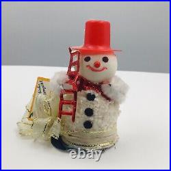 VTG German Flocked Snowman Christmas Ornament Table Cake Top Hat Pipe Cleaner