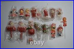 Vintage 16 Kitsch Christmas Ornaments/Picks Flocked Japan People Animals Angels