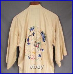 Vintage 1930s Japanese Raw Silk Robe Kimono Dragon Embroidery Great Colors Japan