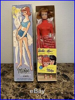 Vintage 1962 Red Hair Midge Barbie Doll Freckles Japan With BoxStand, Clothes