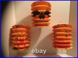 Vintage (3)1950s Halloween Orange Clowns & Skull Paper Lantern Made in Japan HTF
