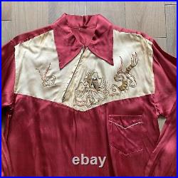 Vintage 40s Sukajan Souvenir Shirt Silk Dragon Red Japan USA Military WWII S/M