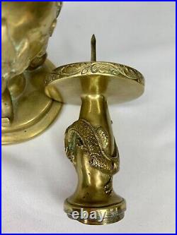 Vintage Ancient Antique Japanese Brass Candle Holder Hand Carved Dragon Japan