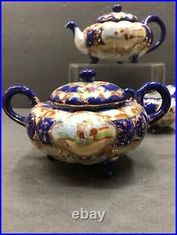 Vintage Antique Asian Nippon Blue Hand Painted Gilded Porcelain Tea Set