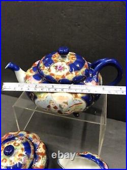 Vintage Antique Asian Nippon Blue Hand Painted Gilded Porcelain Tea Set