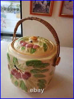 Vintage Antique Biscuit Cookie Jar Cherry Pattern Removable Wicker Handle Japan