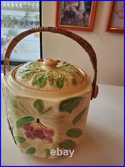 Vintage Antique Biscuit Cookie Jar Cherry Pattern Removable Wicker Handle Japan