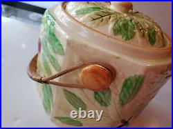 Vintage Antique Biscuit Cookie Jar Cherry Pattern Removable Wicker Handle Japan