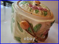 Vintage Antique Biscuit Cookie Jar Cherry Pattern Removable Wicker Handle Japan