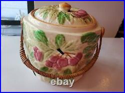 Vintage Antique Biscuit Cookie Jar Cherry Pattern Removable Wicker Handle Japan