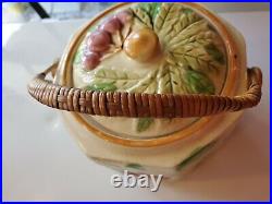 Vintage Antique Biscuit Cookie Jar Cherry Pattern Removable Wicker Handle Japan