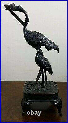 Vintage Antique Bronze Cranes of Japan Original Meiji Era Heron Bird Sculpture