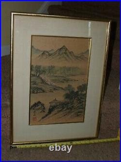 Vintage Antique Framed Japanese watercolor painting 10X17- Shiyama