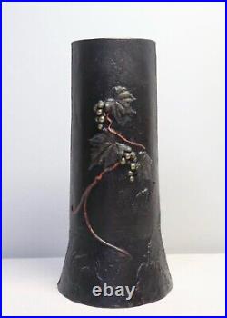 Vintage Antique Japan Bronze Art Vase adorned with Grapes and Vines Signed
