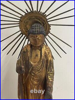 Vintage Antique Japanese Gilt Wood Carving Buddha Standing Pose with Halo