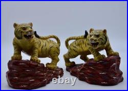 Vintage Antique Japanese Kutani Pair of Porcelain Crouching Tigers