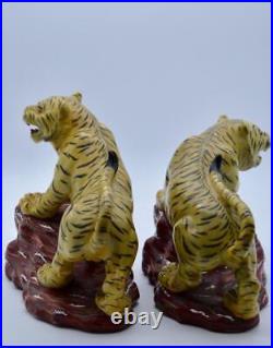 Vintage Antique Japanese Kutani Pair of Porcelain Crouching Tigers