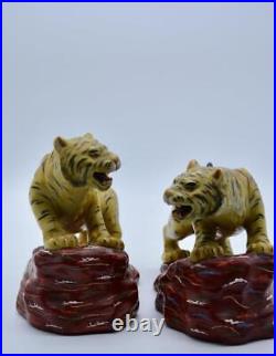 Vintage Antique Japanese Kutani Pair of Porcelain Crouching Tigers