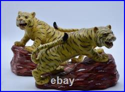 Vintage Antique Japanese Kutani Pair of Porcelain Crouching Tigers