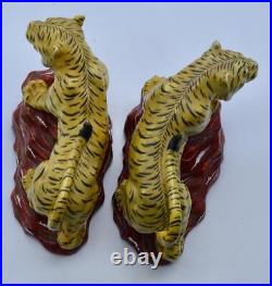 Vintage Antique Japanese Kutani Pair of Porcelain Crouching Tigers