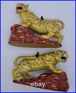 Vintage Antique Japanese Kutani Pair of Porcelain Crouching Tigers