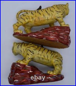 Vintage Antique Japanese Kutani Pair of Porcelain Crouching Tigers