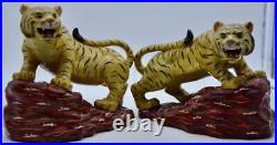 Vintage Antique Japanese Kutani Pair of Porcelain Crouching Tigers