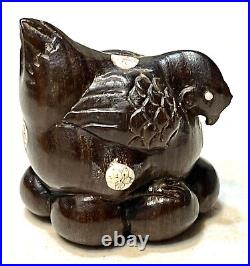 Vintage Antique Japanese Meiji Carved Wood Hen Signed Figurine Netsuke Old