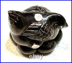 Vintage Antique Japanese Meiji Carved Wood Hen Signed Figurine Netsuke Old