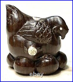 Vintage Antique Japanese Meiji Carved Wood Hen Signed Figurine Netsuke Old