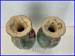 Vintage Antique Japanese Nippon Moriage Pair of Vases with Flowers Decoration