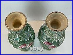 Vintage Antique Japanese Nippon Moriage Pair of Vases with Flowers Decoration