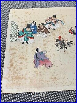 Vintage Antique Japanese Signed Woodblock Print Cockfighting Scene