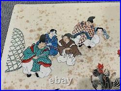 Vintage Antique Japanese Signed Woodblock Print Cockfighting Scene