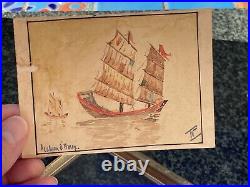 Vintage Antique Miniature Nautical Ship Painting in Vintage Convex Glass Frame