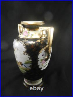 Vintage/Antique Noritake M Handpainted Floral Black Gold 12 1/2 H Vase Japan