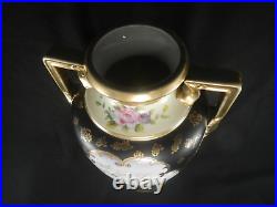 Vintage/Antique Noritake M Handpainted Floral Black Gold 12 1/2 H Vase Japan