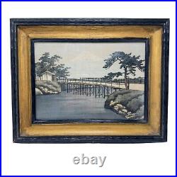 Vintage Antique Painting On Silk Japan Mt Fuji Bridge Trees Framed Under Glass